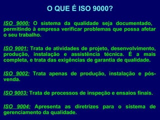ISO 9000: O sistema da qualidade seja documentado,
permitindo à empresa verificar problemas que possa afetar
o seu trabalho.
ISO 9001: Trata de atividades de projeto, desenvolvimento,
produção, instalação e assistência técnica. É a mais
completa, e trata das exigências de garantia de qualidade.
ISO 9002: Trata apenas de produção, instalação e pós-
venda.
ISO 9003: Trata de processos de inspeção e ensaios finais.
ISO 9004: Apresenta as diretrizes para o sistema de
gerenciamento da qualidade.
O QUE É ISO 9000?
 