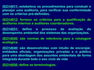 ISO14011: estabelece os procedimentos para conduzir e
planejar uma auditoria, para verificar sua conformidade
com os critérios pré-definidos.
ISO14012: fornece os critérios para a qualificação de
auditores internos e auditores coordenadores.
ISO14031: define o processo de avaliação do
desempenho ambiental dos sistemas das organizações.
ISO14020: são normas de referência para a rotulagem
ecológica.
ISO14040: são desenvolvidas com intuito de encorajar,
entidades oficiais, organizações privadas e o público
para uma abordagem dos assuntos ambientais de forma
integrada durante todo o seu ciclo de vida
ISO14050: define as terminologias.
 