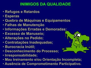 INIMIGOS DA QUALIDADE
• Refugos e Retardos
• Esperas
• Quebra de Máquinas e Equipamentos
• Falhas de Manutenção
• Informações Erradas e Demoradas;
• Excesso de Manuseio;
• Alterações no Pedido;
• Contratações Inadequadas;
• Burocracia Inútil;
• Desconhecimento do Processo;
• Irresponsabilidade;
• Mau treinamento e/ou Orientação Incompleta;
• Ausência de Comprometimento Participativo.
 