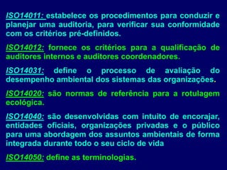 ISO14011: estabelece os procedimentos para conduzir e
planejar uma auditoria, para verificar sua conformidade
com os critérios pré-definidos.
ISO14012: fornece os critérios para a qualificação de
auditores internos e auditores coordenadores.
ISO14031: define o processo de avaliação do
desempenho ambiental dos sistemas das organizações.
ISO14020: são normas de referência para a rotulagem
ecológica.
ISO14040: são desenvolvidas com intuito de encorajar,
entidades oficiais, organizações privadas e o público
para uma abordagem dos assuntos ambientais de forma
integrada durante todo o seu ciclo de vida
ISO14050: define as terminologias.
 