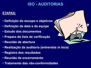ETAPAS:
• Definição do escopo e objetivos
• Definição da data e da equipe
• Estudo dos documentos
• Preparo da lista de verificação
• Reunião de abertura
• Realização da auditoria (entrevista in loco)
• Registro dos resultados
• Reunião de encerramento
• Tratamento das não-conformidades
ISO - AUDITORIAS
 