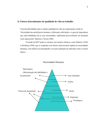 3) Fatores determinantes de qualidade de vida no trabalho
Uma das dificuldades para se atingir qualidade de vida nas organizações reside na
“diversidade das preferências humanas e diferenças individuais e o grau de importância
que cada trabalhador dá as suas necessidades, implicando provavelmente em denotado
custo operacional“ (Quirino e Xavier,1986).
O estudo da QVT pode se começar com autores clássicos, como Maslow (1954)
e Herzberg (1968), que se ocuparam com fatores motivacionais ligados às necessidades
humanas, com reflexos no desempenho e na auto-realização do individuo como se ilustra
abaixo :
Necessidades Humanas
Motivadores
(Maximização das habilidades e
do potencial) Auto realização
Estima
Fatores de manutenção Social
Segurança
Fisiológicas
7
 
