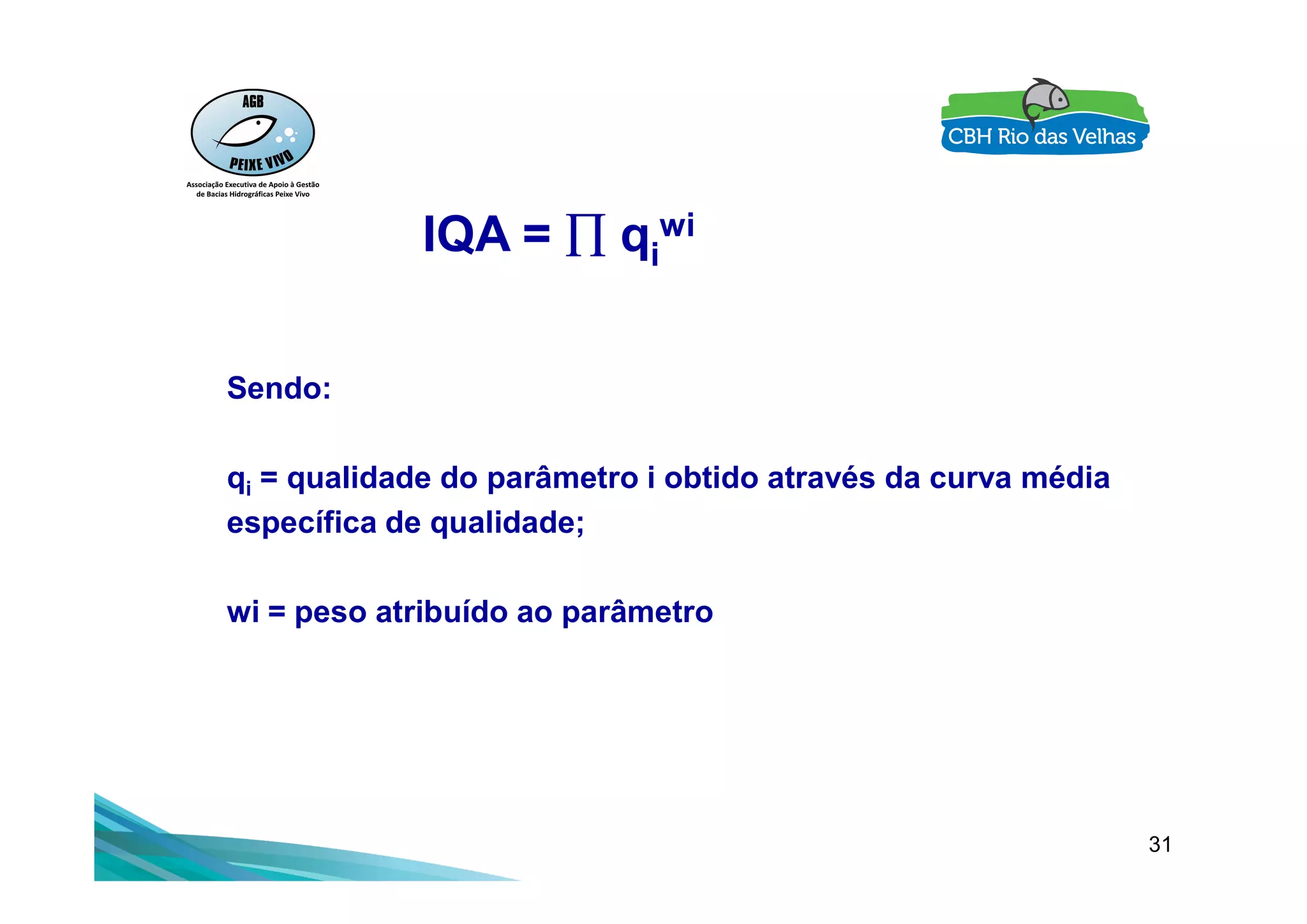 IQA =  qi
wi
Sendo:
q = qualidade do parâmetro i obtido através da curva média
31
qi = qualidade do parâmetro i obtido através da curva média
específica de qualidade;
wi = peso atribuído ao parâmetro
 