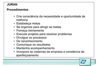 JURAN
Procedimentos

        • Crie consciência da necessidade e oportunidade de
          melhoria
        • Estabeleça metas
        • Se organize para atingir as metas
        • Forneça treinamento
        • Execute projetos para resolver problemas
        • Divulgue os processos
        • De reconhecimento
        • Comunique os resultados
        • Mantenha acompanhamento
        • Incorpore ao sistemas da empresa a constância de
          aperfeiçoamento

 Universidade Federal de Santa Catarina
 Universidade Federal de Santa Catarina                       GAV
                                                              GAV
 