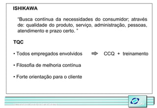 ISHIKAWA

   “Busca contínua da necessidades do consumidor; através
   de: qualidade do produto, serviço, administração, pessoas,
   atendimento e prazo certo. ”

TQC

• Todos empregados envolvidos            CCQ + treinamento

• Filosofia de melhoria contínua

• Forte orientação para o cliente




Universidade Federal de Santa Catarina
Universidade Federal de Santa Catarina                   GAV
                                                         GAV
 