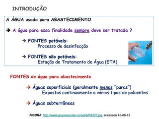 INTRODUÇÃO
A ÁGUA usada para ABASTECIMENTO
 A água para essa finalidade sempre deve ser tratada ?
 FONTES potáveis:
Processo de desinfecção
 FONTES não potáveis:
Estação de Tratamento de Água (ETA)
FONTES de água para abastecimento
 Águas superficiais (geralmente menos “puras”)
Expostas continuamente a vários tipos de poluentes
 Águas subterrâneas
FIGURA: http://www.grupoescolar.com/a/b/FA37F.jpg, acessada 10-06-13
 