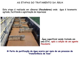 Água superficial sendo tratada em
uma ETA, após a adição de um agente
floculante
AS ETAPAS DO TRATAMENTO DA ÁGUA
Esta etapa é realizada em câmaras (floculadores) onde água é levemente
agitada, facilitando a aglutinação de impurezas
 Parte da purificação da água ocorre por meio de um processo de
“transferência de fase”
 