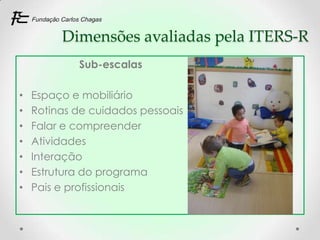 Dimensões avaliadas pela ITERS-R
            Sub-escalas

•   Espaço e mobiliário
•   Rotinas de cuidados pessoais
•   Falar e compreender
•   Atividades
•   Interação
•   Estrutura do programa
•   Pais e profissionais
 