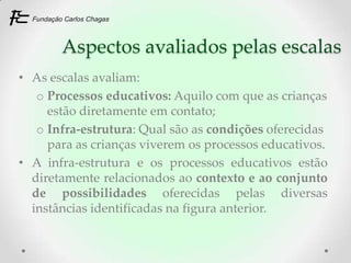 Aspectos avaliados pelas escalas
• As escalas avaliam:
   o Processos educativos: Aquilo com que as crianças
     estão diretamente em contato;
   o Infra-estrutura: Qual são as condições oferecidas
     para as crianças viverem os processos educativos.
• A infra-estrutura e os processos educativos estão
  diretamente relacionados ao contexto e ao conjunto
  de possibilidades oferecidas pelas diversas
  instâncias identificadas na figura anterior.
 