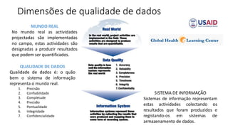 Dimensões de qualidade de dados
MUNDO REAL
No mundo real as actividades
projectadas são implementadas
no campo, estas actividades são
designadas a produzir resultados
que podem ser quantificados.
SISTEMA DE INFORMAÇÃO
Sistemas de informação representam
estas actividades colectando os
resultados que foram produzidos e
registando-os em sistemas de
armazenamento de dados.
QUALIDADE DE DADOS
Qualidade de dados é: o quão
bem o sistema de informação
representa o mundo real.
1. Precisão
2. Confiabilidade
3. Completude
4. Precisão
5. Pontualidade
6. Integridade
7. Confidencialidade
 