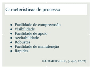 Características de processo


  ●   Facilidade de compreensão
  ●   Visibilidade
  ●   Facilidade de apoio
  ●   Aceitabilidade
  ●   Robustez
  ●   Facilidade de manutenção
  ●   Rapidez

                     (SOMMERVILLE, p. 440, 2007)
 