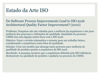 Estado da Arte ISO

Do Software Process Improvements Lead to ISO 9126
Architectural Quality Factor Improvement? (2010)
Pro...