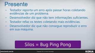 Presente
− Testador reporta um erro após passar horas coletando
  evidências de um problema.
− Desenvolvedor diz que não tem informações suficientes.
− Testador refaz os testes coletando mais evidências.
− Desenvolvedor diz que não consegue reproduzir o erro
  em sua máquina.
 