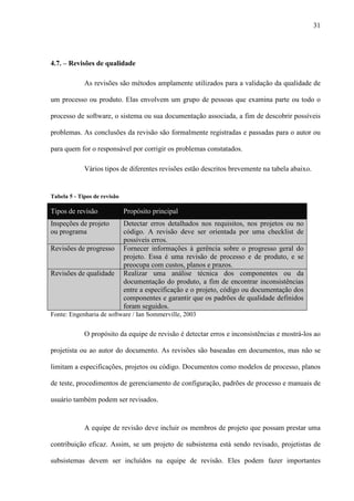 31
4.7. – Revisões de qualidade
As revisões são métodos amplamente utilizados para a validação da qualidade de
um processo ou produto. Elas envolvem um grupo de pessoas que examina parte ou todo o
processo de software, o sistema ou sua documentação associada, a fim de descobrir possíveis
problemas. As conclusões da revisão são formalmente registradas e passadas para o autor ou
para quem for o responsável por corrigir os problemas constatados.
Vários tipos de diferentes revisões estão descritos brevemente na tabela abaixo.
Tabela 5 - Tipos de revisão
Tipos de revisão Propósito principal
Inspeções de projeto
ou programa
Detectar erros detalhados nos requisitos, nos projetos ou no
código. A revisão deve ser orientada por uma checklist de
possíveis erros.
Revisões de progresso Fornecer informações à gerência sobre o progresso geral do
projeto. Essa é uma revisão de processo e de produto, e se
preocupa com custos, planos e prazos.
Revisões de qualidade Realizar uma análise técnica dos componentes ou da
documentação do produto, a fim de encontrar inconsistências
entre a especificação e o projeto, código ou documentação dos
componentes e garantir que os padrões de qualidade definidos
foram seguidos.
Fonte: Engenharia de software / Ian Sommerville, 2003
O propósito da equipe de revisão é detectar erros e inconsistências e mostrá-los ao
projetista ou ao autor do documento. As revisões são baseadas em documentos, mas não se
limitam a especificações, projetos ou código. Documentos como modelos de processo, planos
de teste, procedimentos de gerenciamento de configuração, padrões de processo e manuais de
usuário também podem ser revisados.
A equipe de revisão deve incluir os membros de projeto que possam prestar uma
contribuição eficaz. Assim, se um projeto de subsistema está sendo revisado, projetistas de
subsistemas devem ser incluídos na equipe de revisão. Eles podem fazer importantes
 