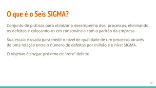 O que é o Seis SIGMA?
Conjunto de práticas para otimizar o desempenho dos processos, eliminando
os defeitos e colocando-os em consonância com o padrão da empresa.
Sua escala é usada para medir o nível de qualidade de um processo através
de uma relação entre o número de defeitos por milhão e o nível SIGMA.
O objetivo é chegar próximo de “zero” defeito.
28
 