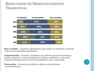 RESULTADOS DO DESENVOLVIMENTO
 TRADICIONAL




Bem sucedidos – O projeto é finalizado no prazo, dentro do orçamento e contendo
todas as funcionalidades especificadas.

Comprometidos – O projeto é finalizado e um software operacional é entregue,
porém o orçamento e o prazo ultrapassam os limites estipulados, e, além disso,
o software entregue possui menos funcionalidades do que o especificado.

Fracassados – O projeto é cancelado em algum momento durante
o desenvolvimento.
 