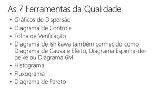 • Gráficos de Dispersão
• Diagrama de Controle
• Folha de Verificação
• Diagrama de Ishikawa também conhecido como
Diagrama de Causa e Efeito, Diagrama Espinha-de-
peixe ou Diagrama 6M
• Histograma
• Fluxograma
• Diagrama de Pareto
 
