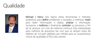 Michael J Harry: Seis Sigma utiliza ferramentas e métodos
estatísticos para definir problemas e situações a melhorar, medir
para obter informações e dados, analisar a informação,
incorporar a melhoria e finalmente controlar os processos a fim
de se alcançar um ciclo de melhoria continua. Esta metodologia
para melhoria de processos faz com que se atinjam níveis de
defeitos de 3,4 ppm (defeitos por milhão) para as características
críticas de qualidade (CTQ´s) dos clientes
 