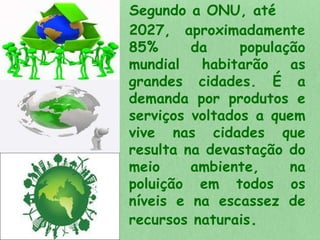 Segundo a ONU, até 
2027, aproximadamente 
85% da população 
mundial habitarão as 
grandes cidades. É a 
demanda por produtos e 
serviços voltados a quem 
vive nas cidades que 
resulta na devastação do 
meio ambiente, na 
poluição em todos os 
níveis e na escassez de 
recursos naturais. 
 