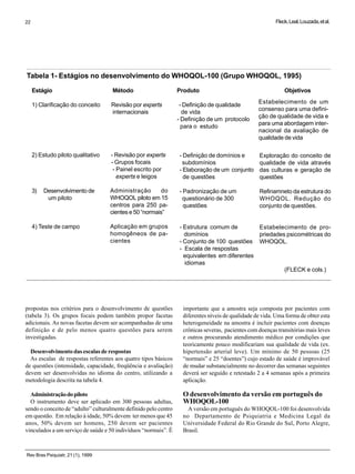 Rev Bras Psiquiatr, 21 (1), 1999
22 Fleck,Leal,Louzada,etal.
Tabela 1- Estágios no desenvolvimento do WHOQOL-100 (Grupo WHOQOL, 1995)
Estágio Método Produto Objetivos
1) Clarificação do conceito Revisão por experts - Definição de qualidade
internacionais de vida
- Definição de um protocolo
para o estudo
2) Estudo piloto qualitativo - Revisão por experts
- Grupos focais
- Painel escrito por
experts e leigos
3) Desenvolvimento de
um piloto
4) Teste de campo
(FLECK e cols.)
Estabelecimento de um
consenso para uma defini-
ção de qualidade de vida e
para uma abordagem inter-
nacional da avaliação de
qualidade de vida
- Definição de domínios e
subdomínios
- Elaboração de um conjunto
de questões
- Padronização de um
questionário de 300
questões
- Estrutura comum de
domínios
- Conjunto de 100 questões
- Escala de respostas
equivalentes em diferentes
idiomas
Exploração do conceito de
qualidade de vida através
das culturas e geração de
questões
Refinamneto da estrutura do
WHOQOL. Redução do
conjunto de questões.
Estabelecimento de pro-
priedades psicométricas do
WHOQOL.
propostas nos critérios para o desenvolvimento de questões
(tabela 3). Os grupos focais podem também propor facetas
adicionais. As novas facetas devem ser acompanhadas de uma
definição e de pelo menos quatro questões para serem
investigadas.
Desenvolvimento das escalas de respostas
As escalas de respostas referentes aos quatro tipos básicos
de questões (intensidade, capacidade, freqüência e avaliação)
devem ser desenvolvidas no idioma do centro, utilizando a
metodologia descrita na tabela 4.
Administraçãodopiloto
O instrumento deve ser aplicado em 300 pessoas adultas,
sendo o conceito de “adulto” culturalmente definido pelo centro
em questão. Em relação à idade, 50% devem ter menos que 45
anos, 50% devem ser homens, 250 devem ser pacientes
vinculados a um serviço de saúde e 50 indivíduos “normais”. É
importante que a amostra seja composta por pacientes com
diferentes níveis de qualidade de vida. Uma forma de obter esta
heterogeneidade na amostra é incluir pacientes com doenças
crônicas severas, pacientes com doenças transitórias mais leves
e outros procurando atendimento médico por condições que
teoricamente pouco modificariam sua qualidade de vida (ex.
hipertensão arterial leve). Um mínimo de 50 pessoas (25
“normais” e 25 “doentes”) cujo estado de saúde é improvável
de mudar substancialmente no decorrer das semanas seguintes
deverá ser seguido e retestado 2 a 4 semanas após a primeira
aplicação.
O desenvolvimento da versão em português do
WHOQOL-100
A versão em português do WHOQOL-100 foi desenvolvida
no Departamento de Psiquiatria e Medicina Legal da
Universidade Federal do Rio Grande do Sul, Porto Alegre,
Brasil.
Administração do
WHOQOL piloto em 15
centros para 250 pa-
cientes e 50 “normais”
Aplicação em grupos
homogêneos de pa-
cientes
 