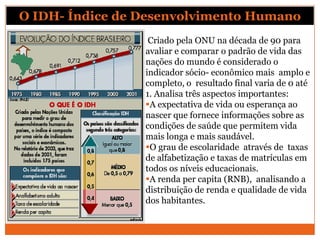O IDH- Índice de Desenvolvimento Humano
                  Criado pela ONU na década de 90 para
                 avaliar e ...