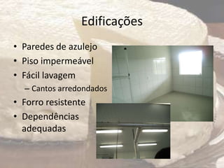 Edificações
• Paredes de azulejo
• Piso impermeável
• Fácil lavagem
– Cantos arredondados
• Forro resistente
• Dependências
adequadas
 