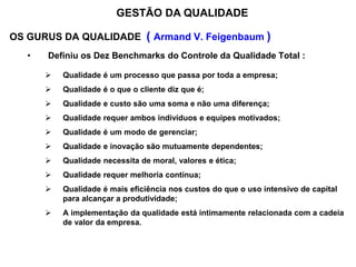 OS GURUS DA QUALIDADE ( Armand V. Feigenbaum )
• Definiu os Dez Benchmarks do Controle da Qualidade Total :
 Qualidade é um processo que passa por toda a empresa;
 Qualidade é o que o cliente diz que é;
 Qualidade e custo são uma soma e não uma diferença;
 Qualidade requer ambos indivíduos e equipes motivados;
 Qualidade é um modo de gerenciar;
 Qualidade e inovação são mutuamente dependentes;
 Qualidade necessita de moral, valores e ética;
 Qualidade requer melhoria contínua;
 Qualidade é mais eficiência nos custos do que o uso intensivo de capital
para alcançar a produtividade;
 A implementação da qualidade está intimamente relacionada com a cadeia
de valor da empresa.
GESTÃO DA QUALIDADE
 