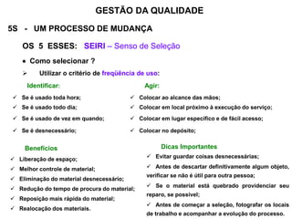 5S - UM PROCESSO DE MUDANÇA
OS 5 ESSES: SEIRI – Senso de Seleção
 Como selecionar ?
 Utilizar o critério de freqüência de uso:
GESTÃO DA QUALIDADE
Benefícios
 Liberação de espaço;
 Melhor controle de material;
 Eliminação do material desnecessário;
 Redução do tempo de procura do material;
 Reposição mais rápida do material;
 Realocação dos materiais.
Dicas Importantes
 Evitar guardar coisas desnecessárias;
 Antes de descartar definitivamente algum objeto,
verificar se não é útil para outra pessoa;
 Se o material está quebrado providenciar seu
reparo, se possível;
 Antes de começar a seleção, fotografar os locais
de trabalho e acompanhar a evolução do processo.
Identificar: Agir:
 Se é usado toda hora;  Colocar ao alcance das mãos;
 Se é usado todo dia;  Colocar em local próximo à execução do serviço;
 Se é usado de vez em quando;  Colocar em lugar específico e de fácil acesso;
 Se é desnecessário;  Colocar no depósito;
 