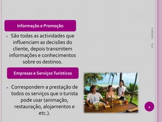 ≈

TURISMO

Informação e Promoção

TIAT

São todas as actividades que
influenciam as decisões do
cliente, depois transmitem
informações e conhecimentos
sobre os destinos.
Empresas e Serviços Turísticos

≈

Correspondem a prestação de
todos os serviços que o turista
pode usar (animação,
restauração, alojamentos e
etc.).

4

 