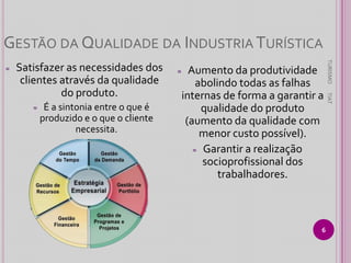 GESTÃO DA QUALIDADE DA INDUSTRIA TURÍSTICA

≈

É a sintonia entre o que é
produzido e o que o cliente
necessita.

≈

Aumento da produtividade
abolindo todas as falhas
internas de forma a garantir a
qualidade do produto
(aumento da qualidade com
menor custo possível).
≈ Garantir a realização
socioprofissional dos
trabalhadores.

6

TIAT

Satisfazer as necessidades dos
clientes através da qualidade
do produto.

TURISMO

≈

 