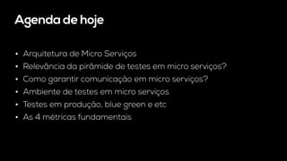 Agenda de hoje
• Arquitetura de Micro Serviços
• Relevância da pirâmide de testes em micro serviços?
• Como garantir comunicação em micro serviços?
• Ambiente de testes em micro serviços
• Testes em produção, blue green e etc
• As 4 métricas fundamentais
 