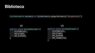 Biblioteca
List<Animal> animais = lojaAnimais.pegarAnimais('disponível')
public enum EstadoAnimal {
DISPONIVEL,
DELETADO,
EM_ESPERA;
}
public enum EstadoAnimal {
DISPONIVEL,
DELETADO,
EM_ESPERA
EM_TRANSITO;
}
V2 V3
 