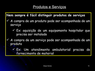 Produtos e Serviços Nem sempre é fácil distinguir produtos de serviços A compra de um produto pode ser acompanhada de um serviço Ex: aquisição de um equipamento hospitalar que precisa ser instalado A compra de um serviço pode ser acompanhada de um produto Ex: Um atendimento ambulatorial precisa de fornecimento de material 