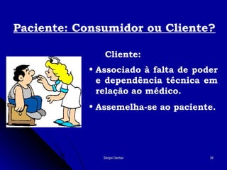 Associado à falta de poder e dependência técnica em relação ao médico. Assemelha-se ao paciente. Cliente: Paciente: Consumidor ou Cliente? 