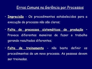 Erros Comuns na Gerência por Processos Imprecisão  - Os procedimentos estabelecidos para a execução do processo não são claros; Falta de processos sistemáticos de produção  – Provoca diferentes maneiras de fazer o trabalho gerando resultados diferentes; Falta de treinamento  - não basta definir os procedimentos de um novo processo. As pessoas devem ser treinadas. 