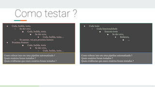 Como testar ?
● Coda, builda, testa.
○ Se der erro
■ Coda, builda, testa.
■ Se der erro,
● Coda, builda, testa….
○ Se passar, vai pra proxima feature
● Proxima Feature
■ Coda, builda, testa
● Se der erro,
○ Coda, builda, testa….
● Coda teste
○ Coda funcionalidade
■ Executa teste
■ Se der erro,
● Refatora,
■ ...
Como colocar isso em uma pipeline automatizada ?
Quais cenários foram testados ?
Quais evidências que esses cenários foram testados ?
Como colocar isso em uma pipeline automatizada ?
Quais cenários foram testados ?
Quais evidências que esses cenários foram testados ?
 