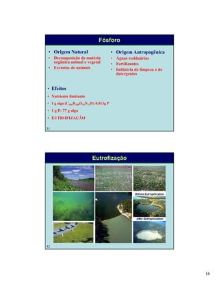 16
31
Fósforo
• Origem Natural
• Decomposição de matéria
orgânica animal e vegetal
• Excretas de animais
• Origem Antropogênica
• Águas residuárias
• Fertilizantes
• Indústria de limpeza e de
detergentes
• Efeitos
• Nutriente limitante
• 1 g alga (C106H180O45N15P): 0,013g P
• 1 g P: 77 g alga
• EUTROFIZAÇÃO
32
Eutrofização
 