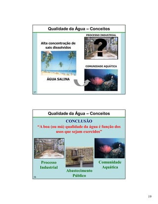 19
37
Qualidade da Água – Conceitos
38
Qualidade da Água – Conceitos
CONCLUSÃO
“A boa (ou má) qualidade da água é função dos
usos que sejam exercidos”
Processo
Industrial
Comunidade
Aquática
Abastecimento
Público
 