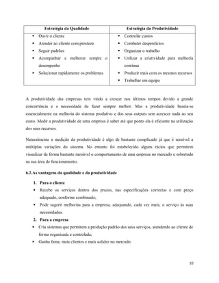 10
Estratégia da Qualidade Estratégia da Produtividade
 Ouvir o cliente
 Atender ao cliente com presteza
 Seguir padrões
 Acompanhar e melhorar sempre o
desempenho
 Solucionar rapidamente os problemas
 Controlar custos
 Combater desperdícios
 Organizar o trabalho
 Utilizar a criatividade para melhoria
contínua
 Produzir mais com os mesmos recursos
 Trabalhar em equipa
A produtividade das empresas tem vindo a crescer nos últimos tempos devido a grande
concorrência e a necessidade de fazer sempre melhor. Mas a produtividade baseia-se
essencialmente na melhoria do sistema produtivo e dos seus outputs sem acrescer nada ao seu
custo. Medir a produtividade de uma empresa é saber até que ponto ela é eficiente na utilização
dos seus recursos.
Naturalmente a medição da produtividade é algo de bastante complicado já que é sensível a
múltiplas variações do sistema. No entanto foi estabelecido alguns rácios que permitem
visualizar de forma bastante razoável o comportamento de uma empresa no mercado e sobretudo
na sua área de funcionamento.
6.2.As vantagens da qualidade e da produtividade
1. Para o cliente
 Recebe os serviços dentro dos prazos, nas especificações correctas e com preço
adequado, conforme combinado;
 Pode sugerir melhorias para a empresa, adequando, cada vez mais, o serviço às suas
necessidades.
2. Para a empresa
 Cria sistemas que permitem a produção padrão dos seus serviços, atendendo ao cliente de
forma organizada e controlada;
 Ganha fama, mais clientes e mais solidez no mercado.
 