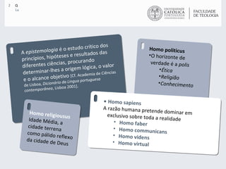 A  epistemologia  é o estudo crítico dos princípios, hipóteses e resultados das diferentes ciências, procurando determinar-lhes a origem lógica, o valor e o alcance objetivo  [Cf. Academia de Ciências de Lisboa,  Dicionário da Língua portuguesa contemporânea , Lisboa 2001]. Homo religiousus Idade Média, a cidade terrena como pálido reflexo da cidade de Deus Homo politicus O horizonte de verdade é a  polis Ética Religião Conhecimento • Homo sapiens A razão humana pretende dominar em exclusivo sobre toda a realidade Homo faber Homo communicans Homo videns Homo virtual 