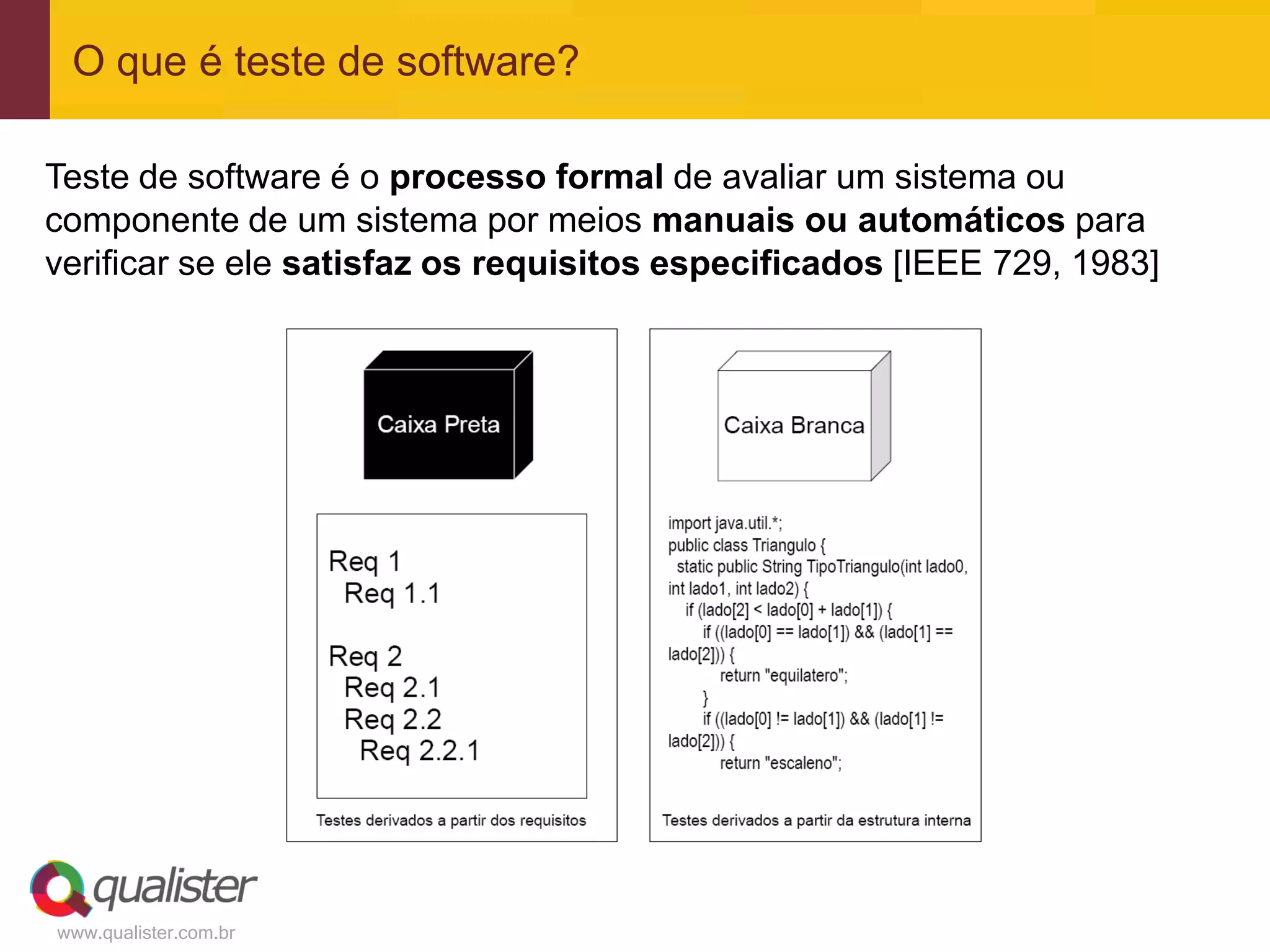 O que é teste de software?

Teste de software é o processo formal de avaliar um sistema ou
componente de um sistema por meios manuais ou automáticos para
verificar se ele satisfaz os requisitos especificados [IEEE 729, 1983]




www.qualister.com.br
 