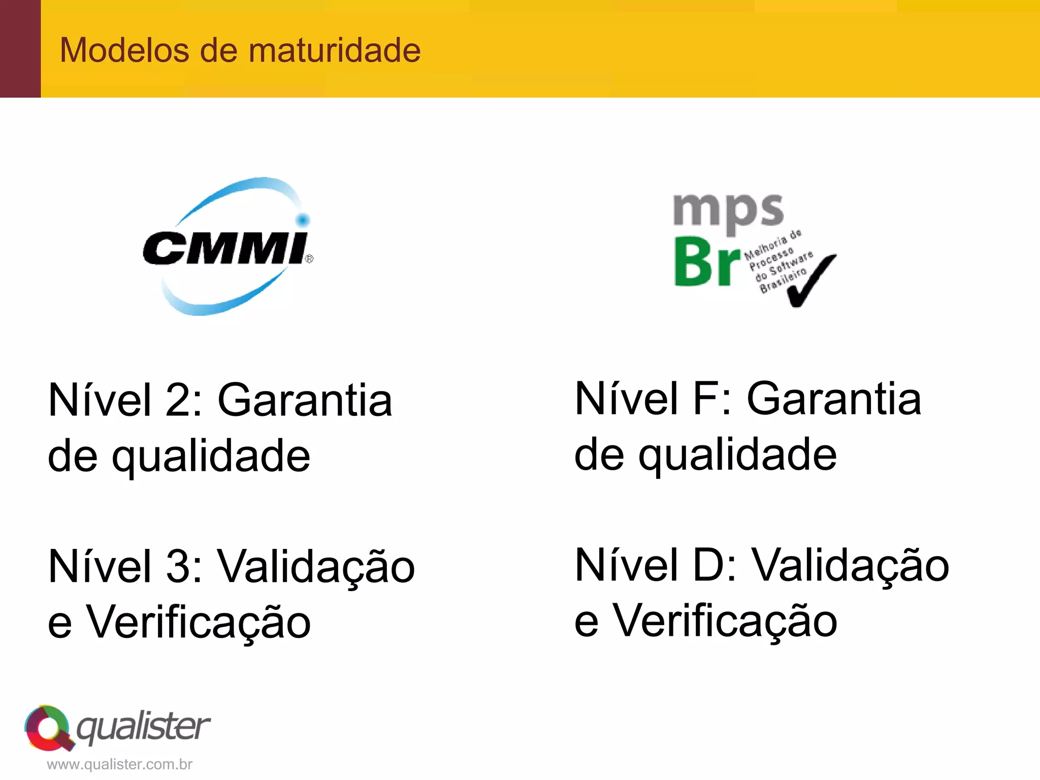 Modelos de maturidade




Nível 2: Garantia        Nível F: Garantia
de qualidade             de qualidade

Nível 3: Validação       Nível D: Validação
e Verificação            e Verificação

www.qualister.com.br
 