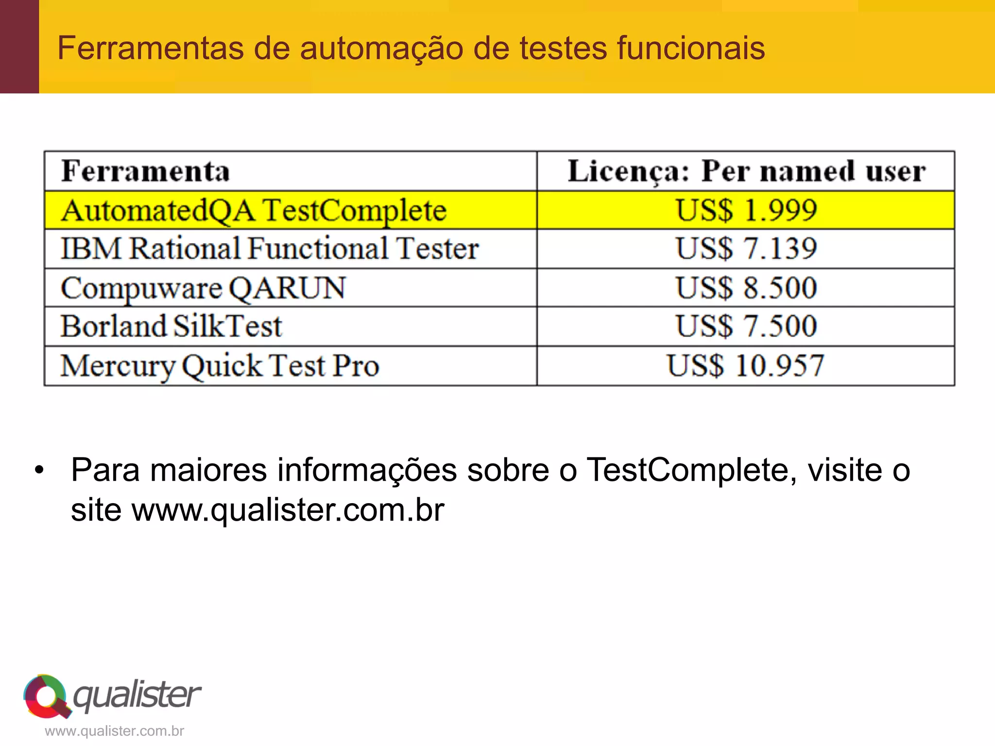 Ferramentas de automação de testes funcionais




• Para maiores informações sobre o TestComplete, visite o
  site www.qualister.com.br




www.qualister.com.br
 