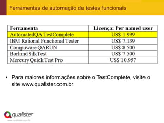 Ferramentas de automação de testes funcionais




• Para maiores informações sobre o TestComplete, visite o
  site www.qualister.com.br




www.qualister.com.br
 