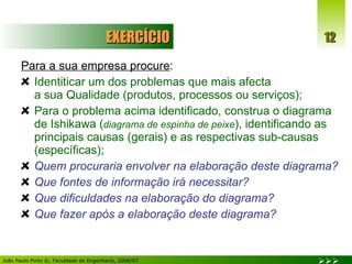 EXERCÍCIO Para a sua empresa procure : Identiticar um dos problemas que mais afecta a sua Qualidade (produtos, processos ou serviços); Para o problema acima identificado, construa o diagrama de Ishikawa ( diagrama de espinha de peixe ), identificando as principais causas (gerais) e as respectivas sub-causas (específicas); Quem procuraria envolver na elaboração deste diagrama? Que fontes de informação irá necessitar? Que dificuldades na elaboração do diagrama? Que fazer após a elaboração deste diagrama? 