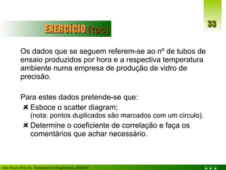 EXERCÍCIO  (tpc) Os dados que se seguem referem-se ao nº de tubos de ensaio produzidos por hora e a respectiva temperatura ambiente numa empresa de produção de vidro de precisão. Para estes dados pretende-se que: Esboce o scatter diagram;  (nota: pontos duplicados são marcados com um circulo). Determine o coeficiente de correlação e faça os comentários que achar necessário. 
