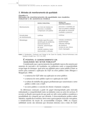 QUALIDADE NA GESTÃO LOCAL DE SERVIÇOS E AÇÕES DE SAÚDE 
16 
5. Métodos de monitoramento da qualidade 
Quadro 6 
Métodos de monitoramento da qualidade nos modelos 
industrial e de assistência médica 
MODELO INDUSTRIAL 
por meio da medição de 
processos e resultados, 
comparação com padrão 
contínua 
métodos específicos para 
identificação de problemas, 
desenvolvimento de 
consenso, determinação 
de causa; 
controle estatístico muito 
desenvolvido e utilizado 
MODELO DE 
ASSISTÊNCIA MÉDICA 
processos e resultados por 
meio de padrões análogos; 
dificuldade de minimizar 
resultados a posteriori 
contínua 
métodos semelhantes 
(epidemiologia), 
reduzido emprego 
da estatística, 
revisão de caso clínico 
muito empregada 
Monitoramento 
Periodicidade 
do monitoramento 
Metodologia 
Fonte: A. Donabedian. Continuity and Change in the Quest for Quality, Clinical Performance and 
Quality in Health Care, 1(1): 9-16,1993. 
É POSSÍVEL O GERENCIAMENTO DA 
QUALIDADE NO SETOR PÚBLICO? 
Considerando que o gerenciamento da qualidade nasceu dos anseios por 
aumento de mercado e de resultados, em ambientes onde a competitividade 
ocupa lugar de destaque, qual seria sua utilidade para o setor público? Entre as 
razões para contestar a aplicação do GQT no setor público estão (Morgan e 
Murgatroyd, 1994): 
• a natureza do GQT inibe sua aplicação no setor público; 
• a natureza do setor público opõe-se à aplicação do GQT; 
• a cultura de trabalho dos grupos profissionais que caracterizam o setor 
público colide com o GQT; 
• no setor público o conceito de cliente é bastante complexo. 
As diferenças começam a partir do papel desempenhado pelo mercado 
estimulando a competitividade tanto na indústria como no setor de serviços. É 
recente no Brasil a percepção de que pode ser útil o setor público considerar a 
possibilidade de competir por sua clientela. A descentralização político-admi-nistrativa, 
seguida da econômica, bem como a preocupação crescente com gastos, 
o fortalecimento da noção de accountability (Campos, 1990) ou respon-sabilidade 
social, são sintomas que denotam sintonia com a visão do GQT. 
 