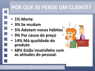 POR QUE SE PERDE UM CLIENTE?
•
•
•
•
•

1% Morte
3% Se mudam
5% Adotam novos hábitos
9% Por causa do preço
14% Má qualidade do
produto
• 68% Estão insatisfeito com
as atitudes do pessoal.

 