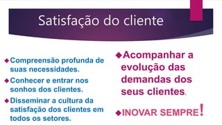 Satisfação do cliente 
Compreensão profunda de 
suas necessidades. 
Conhecer e entrar nos 
sonhos dos clientes. 
Disseminar a cultura da 
satisfação dos clientes em 
todos os setores. 
Acompanhar a 
evolução das 
demandas dos 
seus clientes. 
INOVAR SEMPRE! 
 