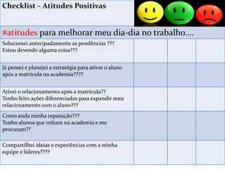 Checklist – Atitudes Positivas 
#atitudes para melhorar meu dia-dia no trabalho.... 
Solucionei antecipadamente as pendências ??? 
Estou devendo alguma coisa??? 
Já pensei e planejei a estratégia para ativar o aluno 
após a matricula na academia???? 
Ativei o relacionamento após a matrícula?? 
Tenho feito ações diferenciadas para expandir meu 
relacionamento com o aluno??? 
Como anda minha reputação??? 
Tenho alunos que voltam na academia e me 
procuram?? 
Compartilhei ideias e experiências com a minha 
equipe e lideres???? 
 